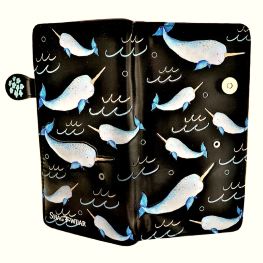 SHAGWEAR Long Wallet Premium Vegan Leather Narwhal Pattern Black Purse Clutch